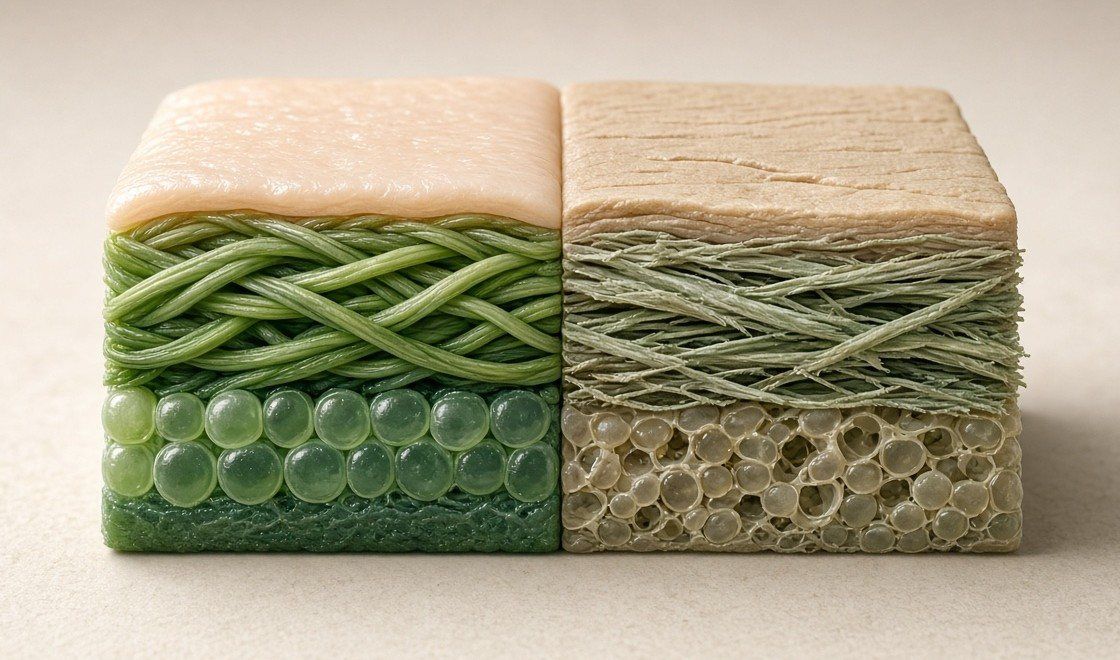 Cross-section render comparing plump, well-supported skin with thinner, looser skin